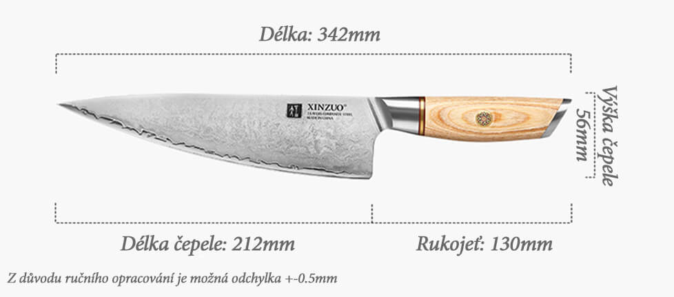 Rozměry šéfkuchařského nože XinZuo Lan B37S 8.5"
